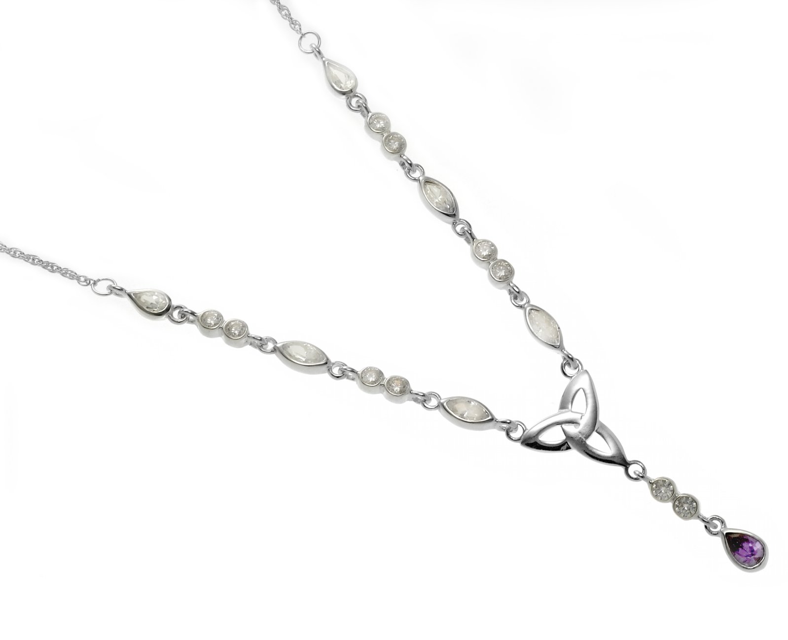 Silver amethyst/ cz trinity knot drop necklet